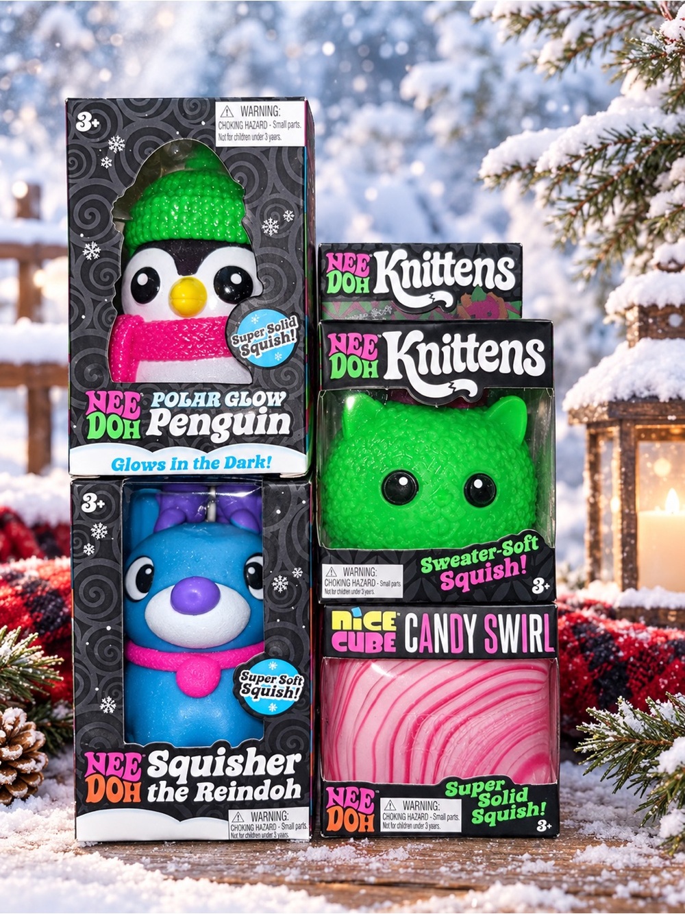 Needoh Winter Set: Polar Glow Penguin, Knitten, candy swirl and Reindoh
